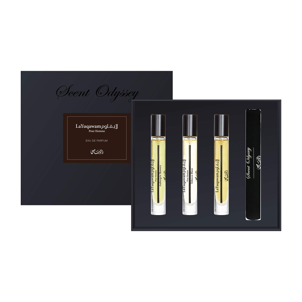 Rasasi parfum odyssey - la yuqawam pour hommes - 3 pc coffret 0,25 oz Layuqawam pour homme Edp Spray 0,25 oz Ambergris showers Spray 0,25 oz taba