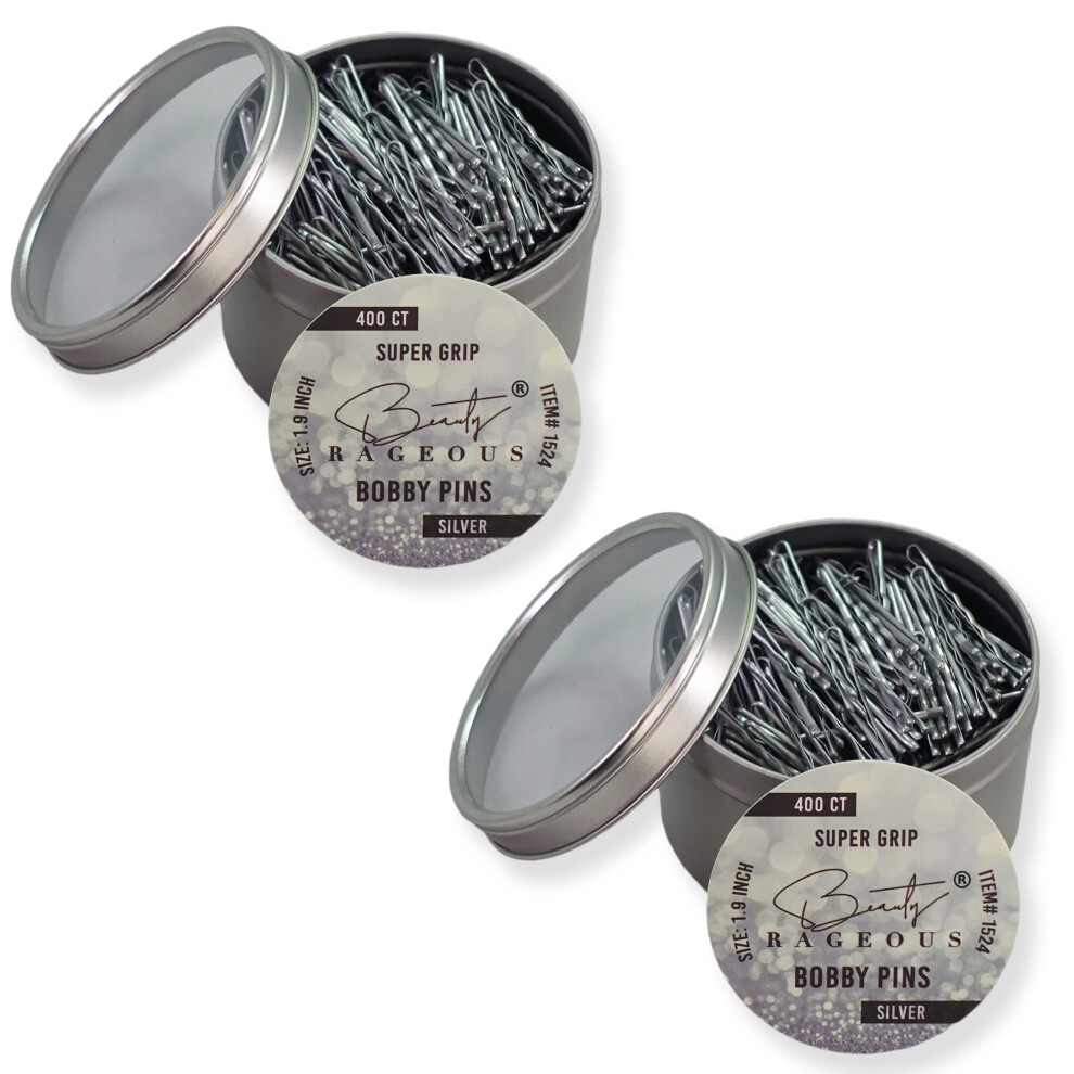 Super Grip Bobby Pins - Women's 1,9 Pollici - Facile Al Sicuro Tutti I Tipi Di Capelli - Pany Reusible Tin (Argento - 800 Ct Ca.