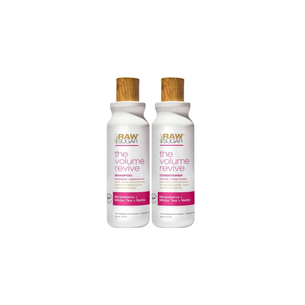 Raw Sugar White R S Volume Revive Shampoo & Conditioner Set. Antioxidants + Hyaluronic Acid. Strawberry + Tea + Nettle. 18 Fl Oz Bottles Each. 1