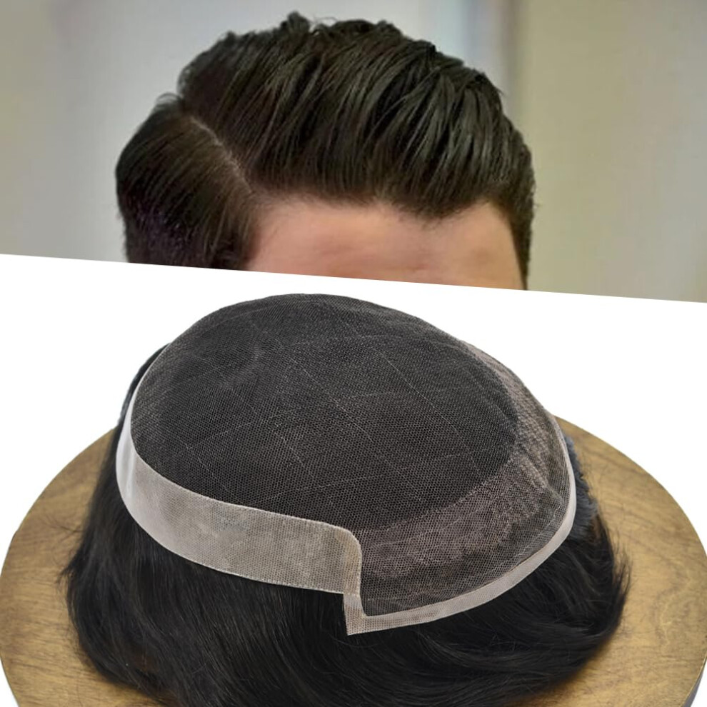 Lyrical Hair Unisex Toupee For Men Hair System Replacement Hairpiece French Lace Front Mens Toupee Poly Pu Human Hair Piece Natural Hairline 6""""X8"""" #1B