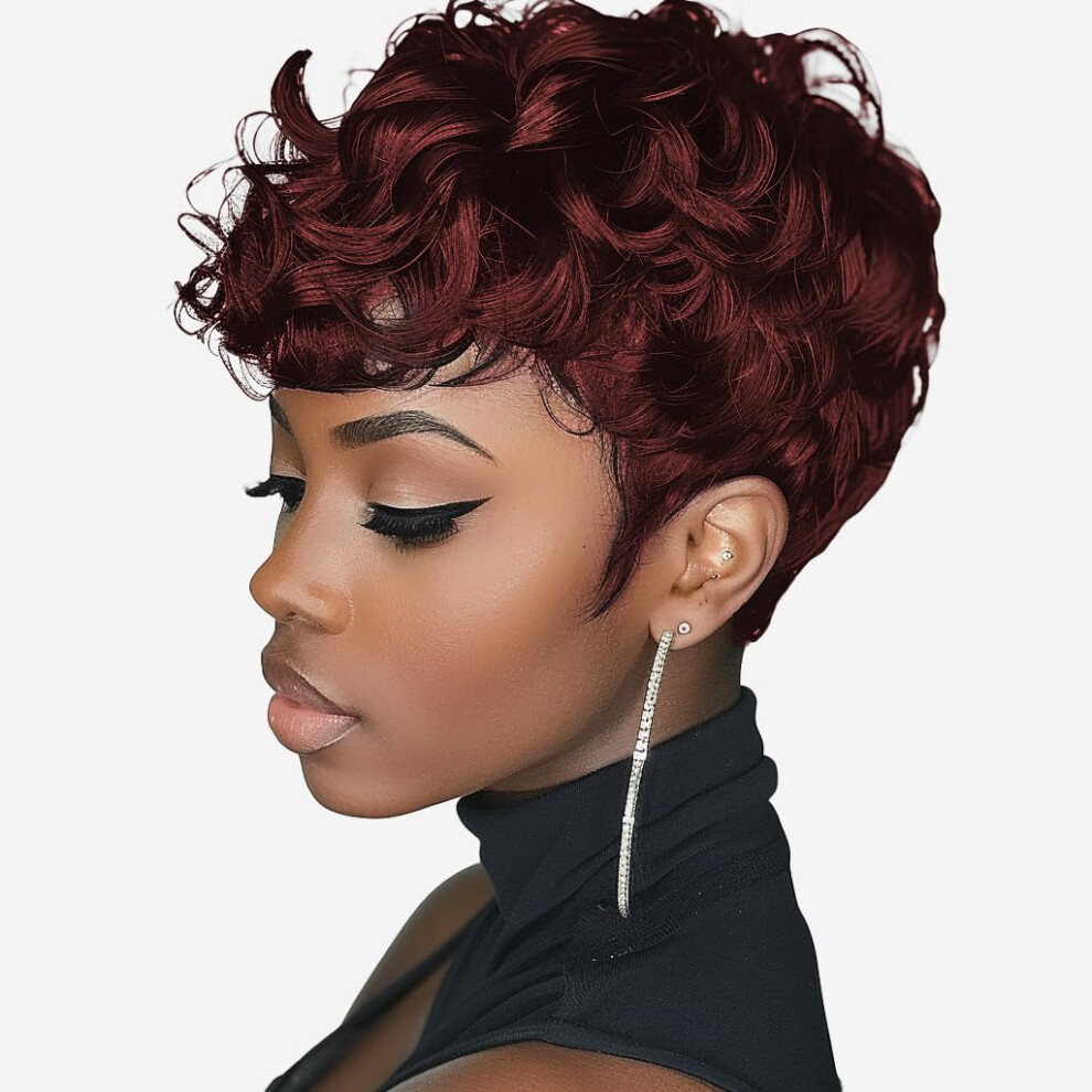 Docute Unisex Black,Red Burgundy Short Pixie Cut Wig For Black Women Pixie Cut Wigs Short Layered Wig With Bangs Synthetic Short Curly Wig Fluffy Heat - Resistant