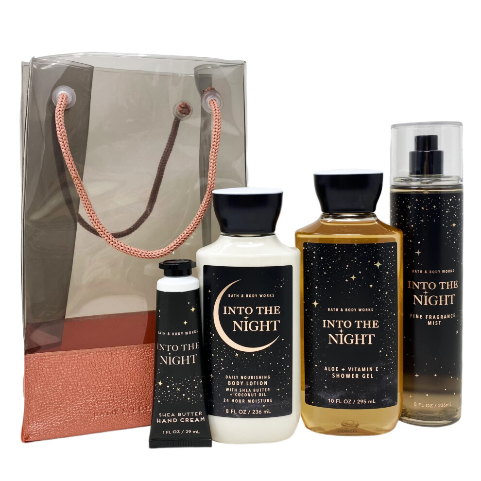 Bath and Body Works INTO THE NIGHT Gift Bag Set - Body lotion - Shower Gel and Fine Fragrance Mist Plus a Shea Butter Hand Cream arranged inside