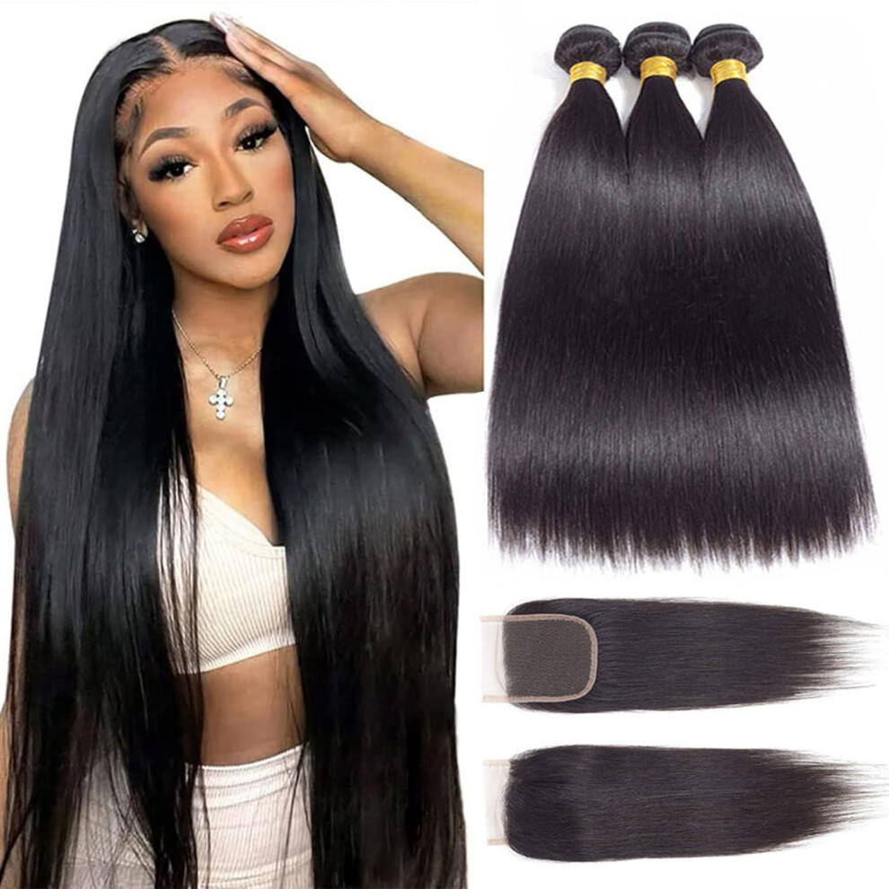 Royal Impression Unisex 12A Straight Bundles Human Hair With Closure (16 18 20+14"""") Brazilian Human Hair 3 Bundles With Closure 100% Unprocessed Virgin Remy Straight Ha