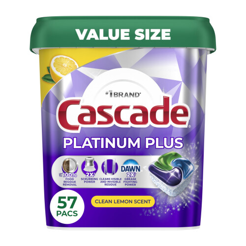 Cascade Platinum Plus Vaatwas Pods, Afwasmiddel, Citroen, 57 Stuks