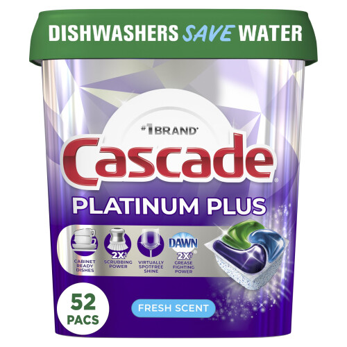 Cascade Platinum Plus Vaatwas Pod, Vaatwasmiddel ActionPacs, 52 Stuks
