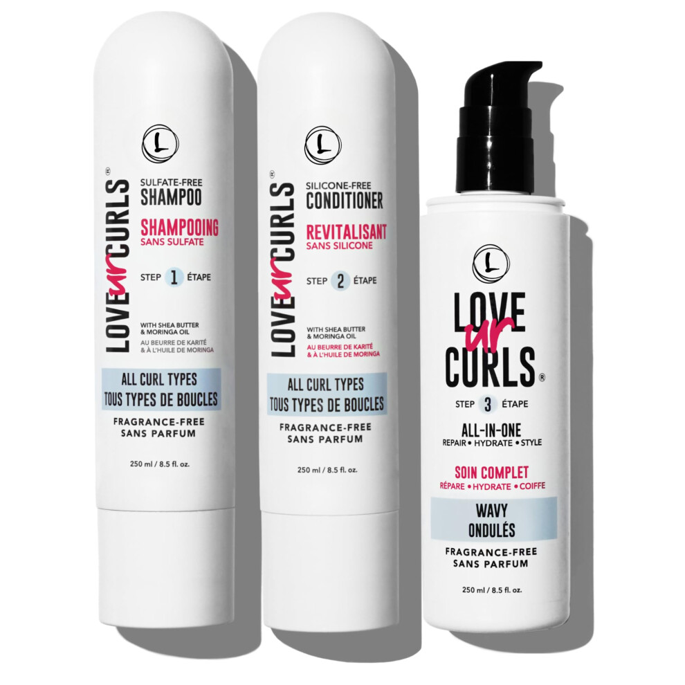 Love Ur Curls Lus (Love Ur Self) Fragrance-Free 3-Step System Shampoo And Conditioner Set With All-In-One Styler For Wavy Hair Nongreasy & Moisturizing - 8.5Oz
