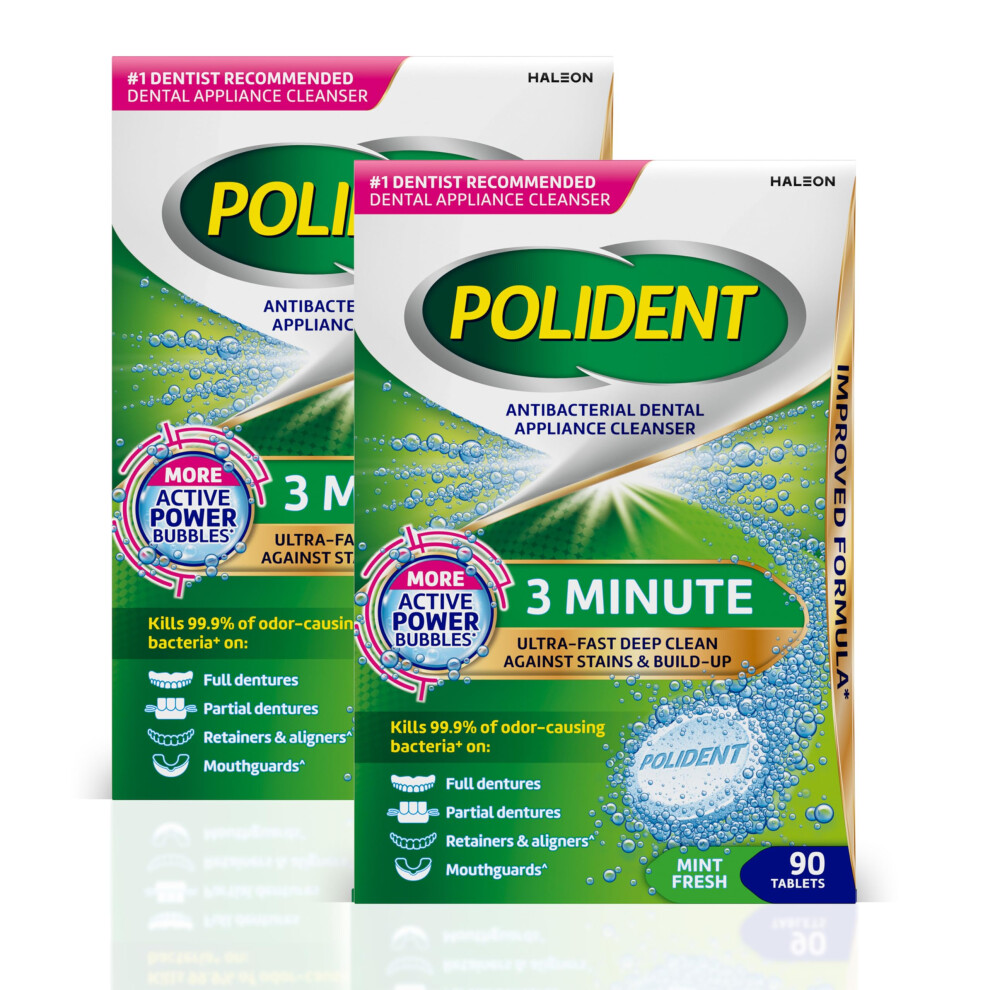 Polident 3 Minute Antibacterial Dental Appliance Cleanser Tablets 90 Count (2 Pack)