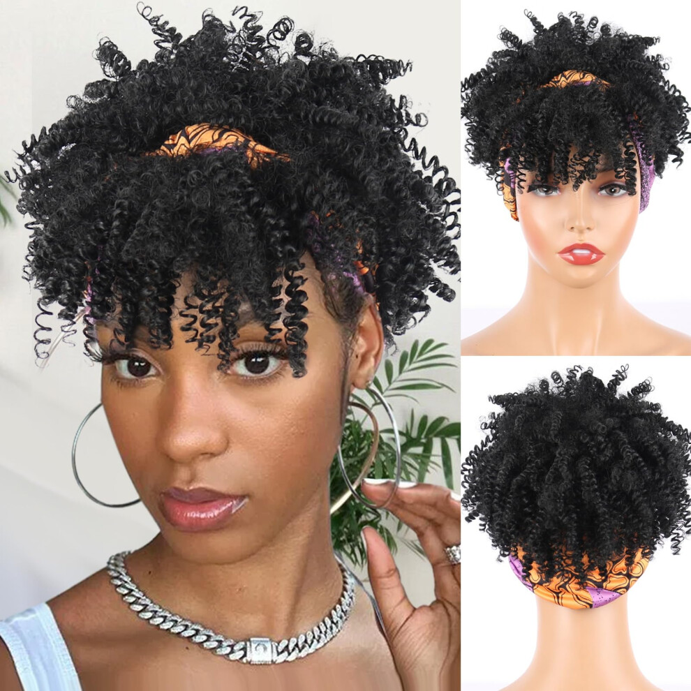 Leosa Unisex Black Afro Curly Headband Wigs With Bangs - Natural Kinky Curly Hair Wigs