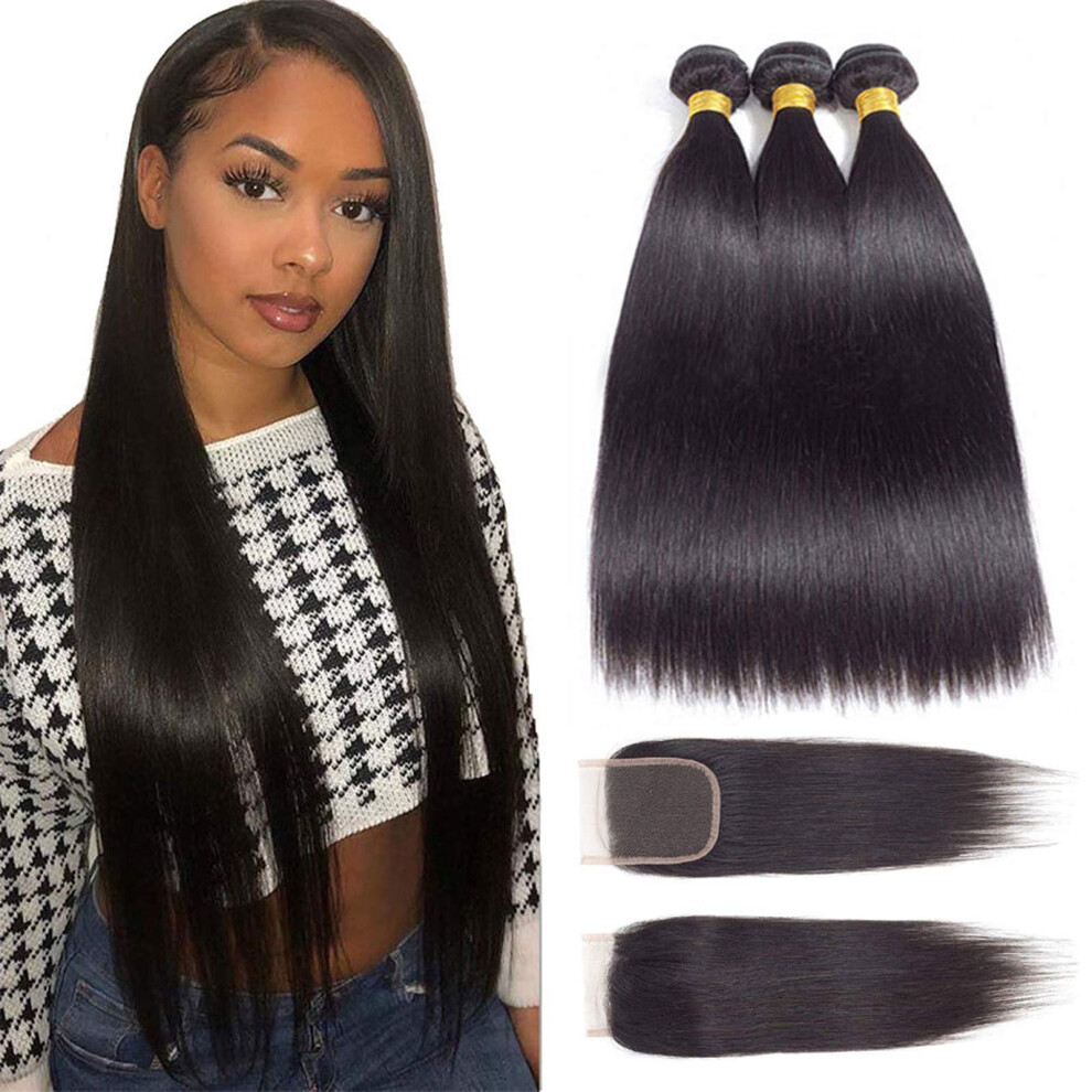 Royal Impression Unisex 12A Grade Brazilian Virgin Hair Straight 3 Bundles With Closure (14 16 18+12""""Closure) 100% Unprocessed Virgin Brazilian Remy Straight Human Hair