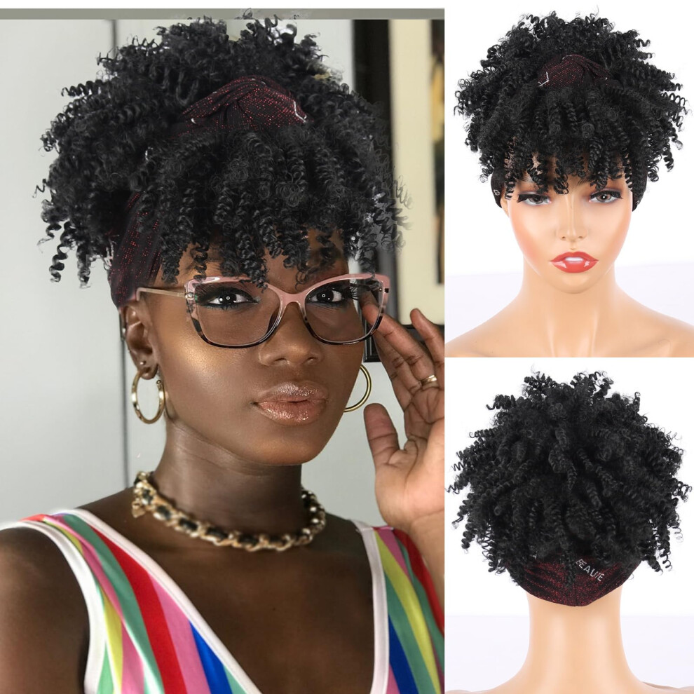 Leosa Unisex Black Afro Curly Headband Wig With Bangs - Natural Kinky Curly Hair Headwrap