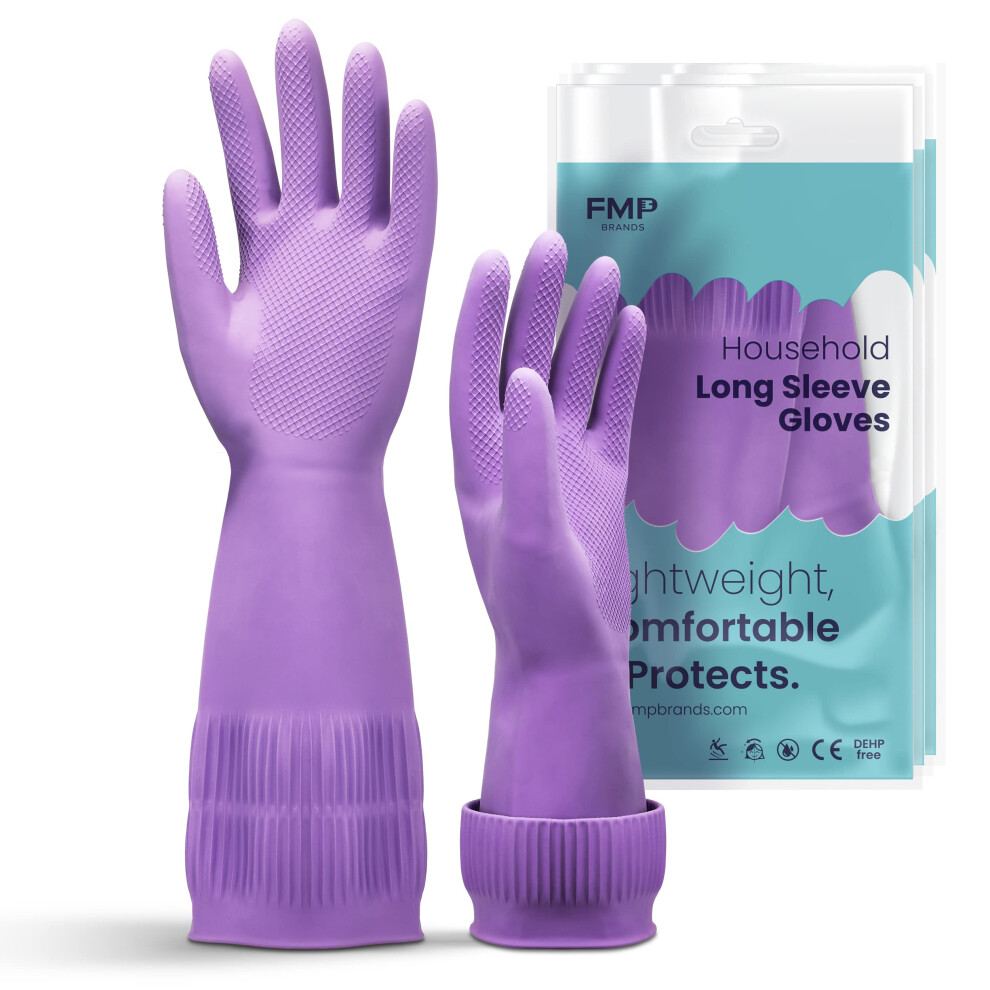[6 Pairs] Dishwashing Kitchen Cleaning Long Sleeve Gloves Medium Size Purple Color - Reusable Heavy Duty Glove  Rubber  Plastic Vinyl Waterproof-image-OPC-PHXTNDF-NEW
