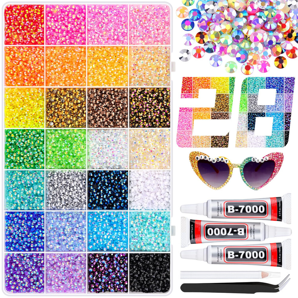 Belleboost 26000Pcs Resin Rhinestones With 3Pcs B7000 Jewelry Glue For Crafting Multicolors 3Mm Non Hotfix Flatback Gems Bedazzling Crystal For Diy Crafts