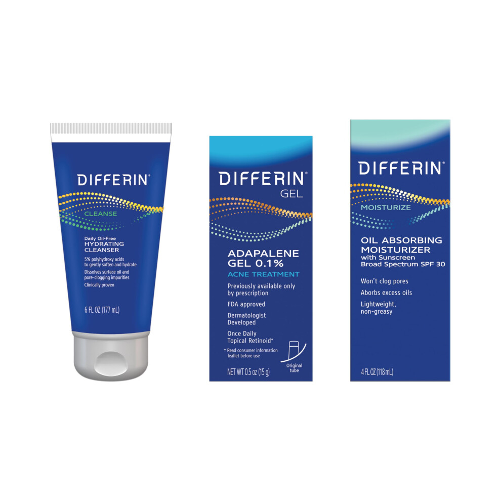 Differin Skincare Kit with Acne Treatments for Face 3-Step Regimen with Daily Oil-Free Hydrating Face Wash Differin Adapalene Gel Retinoid & F