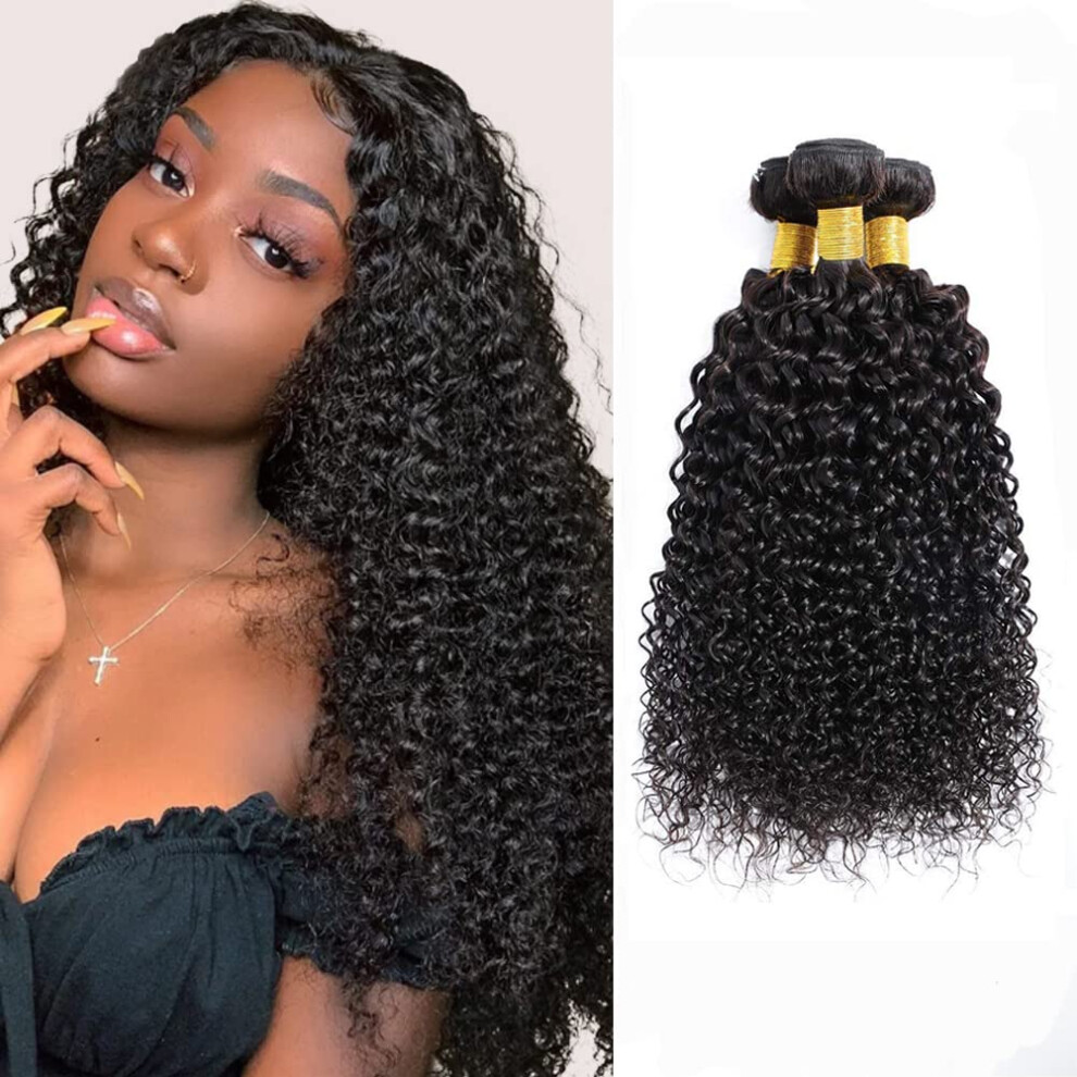 Jinhongze Unisex Black Kinky Curly Bundles Human Hair Bundles Brazilian Curly Hair Bundles 12A Virgin Curly Human Hair Bundles Curly Weave Hair Bundles Natural (1
