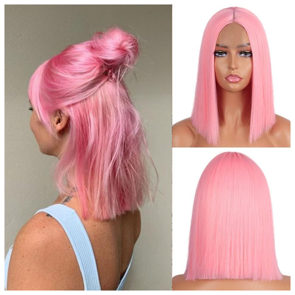 Xc Clouds Unisex Pink Bob Wigs Glueless Straight Wigs For Women Synthetic Heat Resistant Fiber Hair Long Bob Wig Middle Part Bob Wigs Medium Length