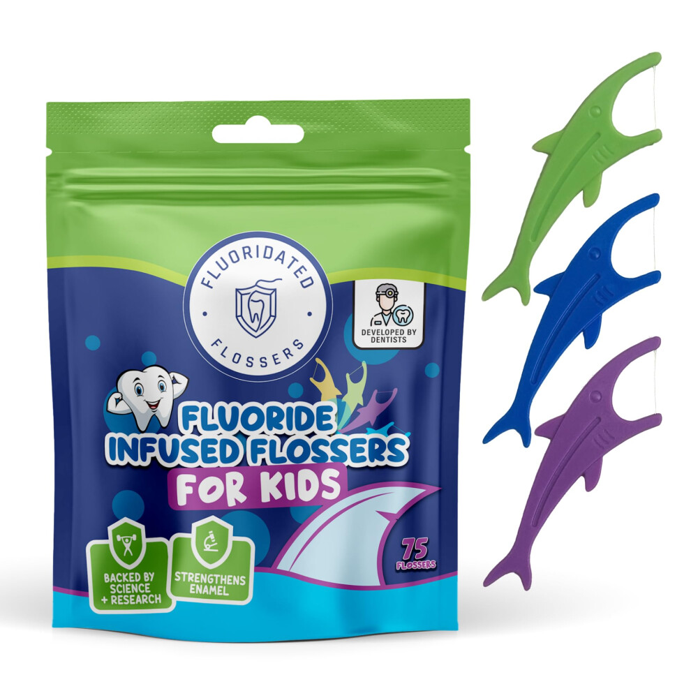 Fluoridated Flossers Kids Flossers With Fluoride Unflavored Floss Picks Fun Floss With Colorful Shark Shapes. Enhanced Cavity Protection 225 Count (3 Pack) Childre