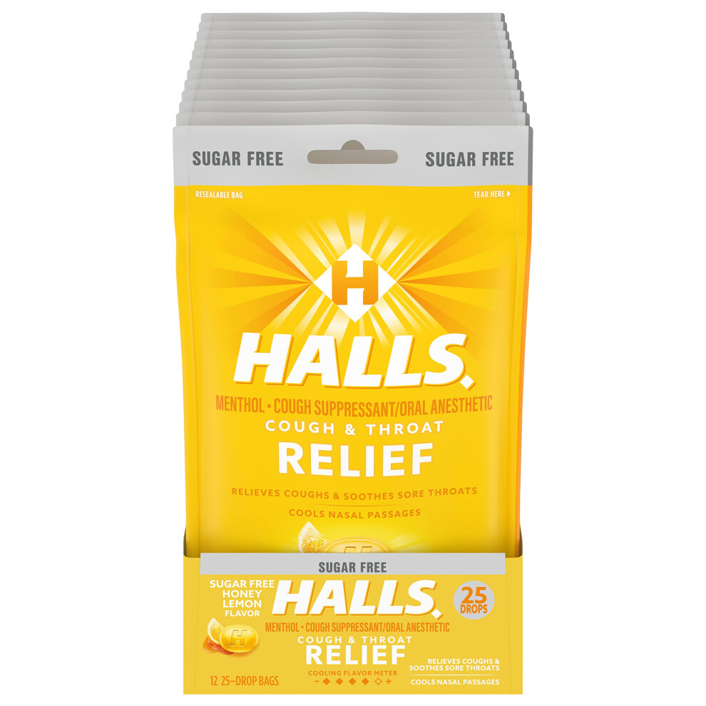 Halls Relief Honey Lemon Sugar Free Cough Drops 12 Packs Of 25 Drops (300 Total Drops)