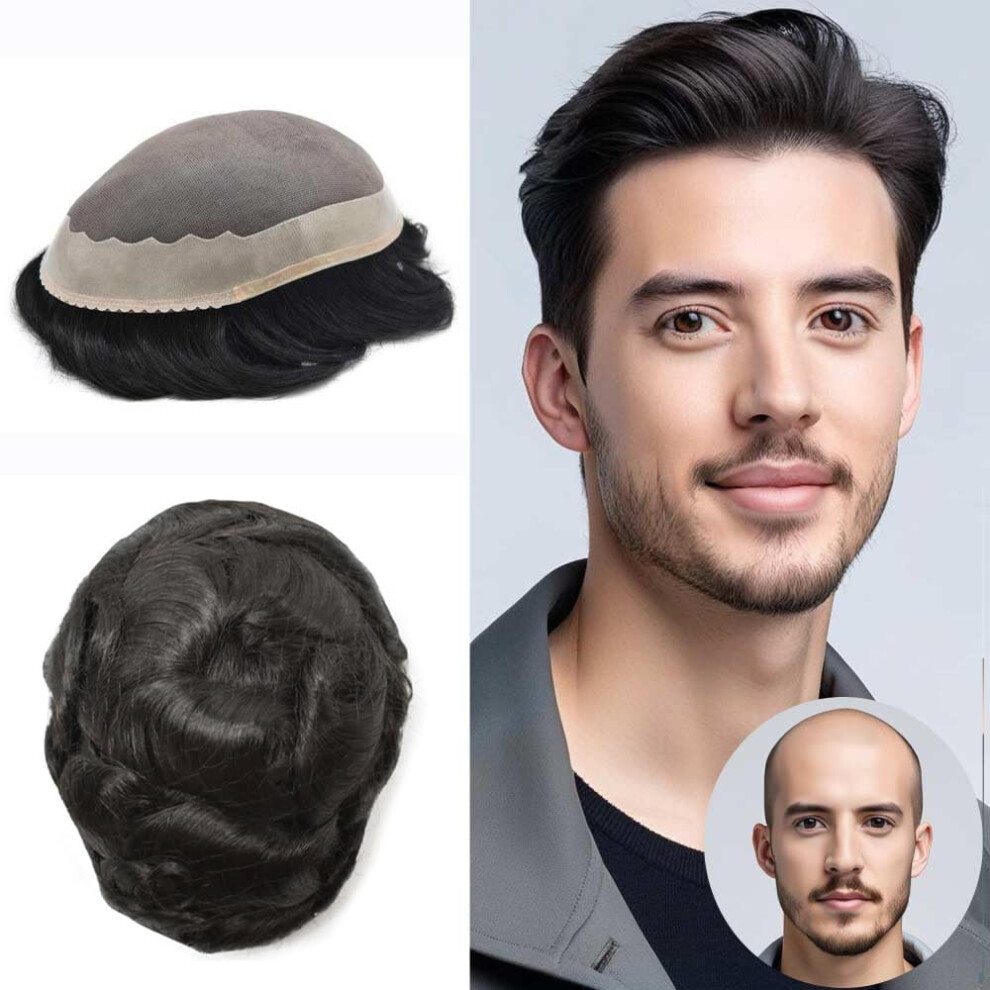 Unisex Black Toupee For Men Fine Mono Mens Toupee Hair Replacement System Monofilament With Poly Hairpiece Human Hair System 8""""X11"""" #1 Jet