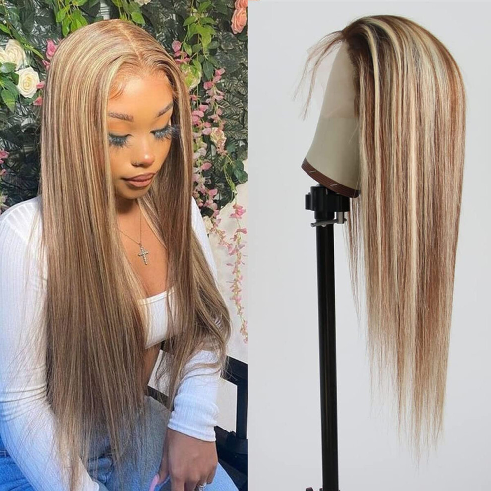 Aprilhair Unisex Brown Pre-Plucked Ombre #4/613 Blonde Highlight Lace Front Wigs Straight Glueless 150% Density Brazilian Virgin Human Hair (10 Inch, 4/613 L