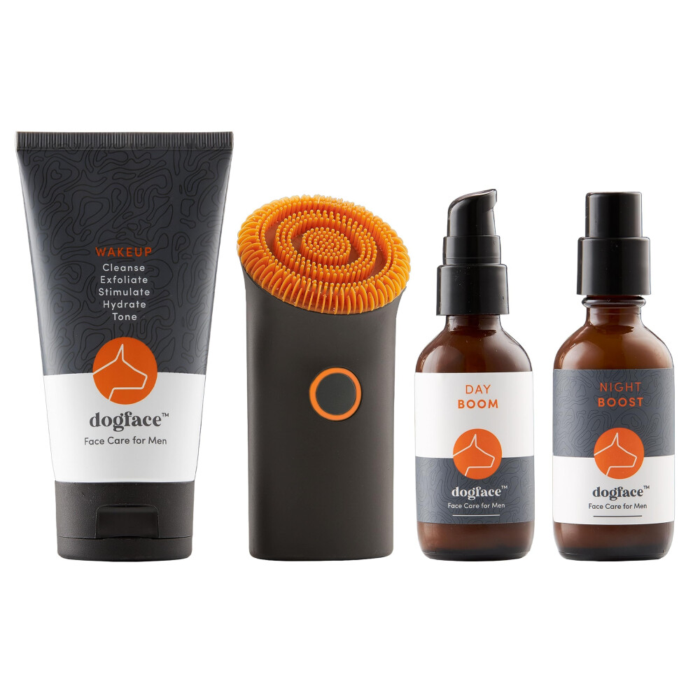 Dogface Deluxe Kit- Men's Red Light Facial Brush Silicone Bristles Exfoliate & Cleanse Hyaluronic Acid Moisturizes & Hydrates Retinol Night Se