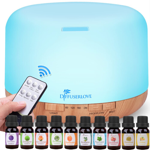 Diffuserlove Diffuser 500ML Aromadiffusor med Fjärrkontroll, Kylmist, Tyst Design