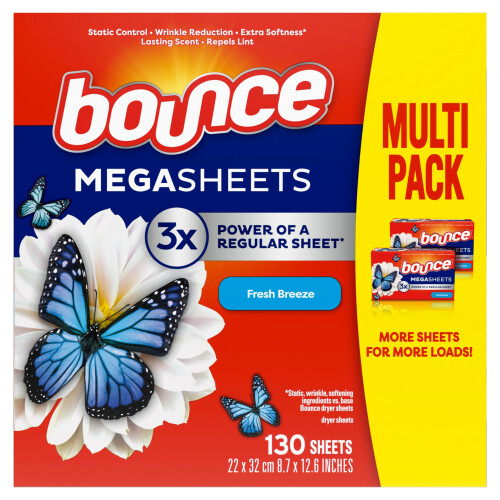 Bounce Mega Dryer Sheets Fresh Breeze 130 Count (l'imballaggio pu variare)