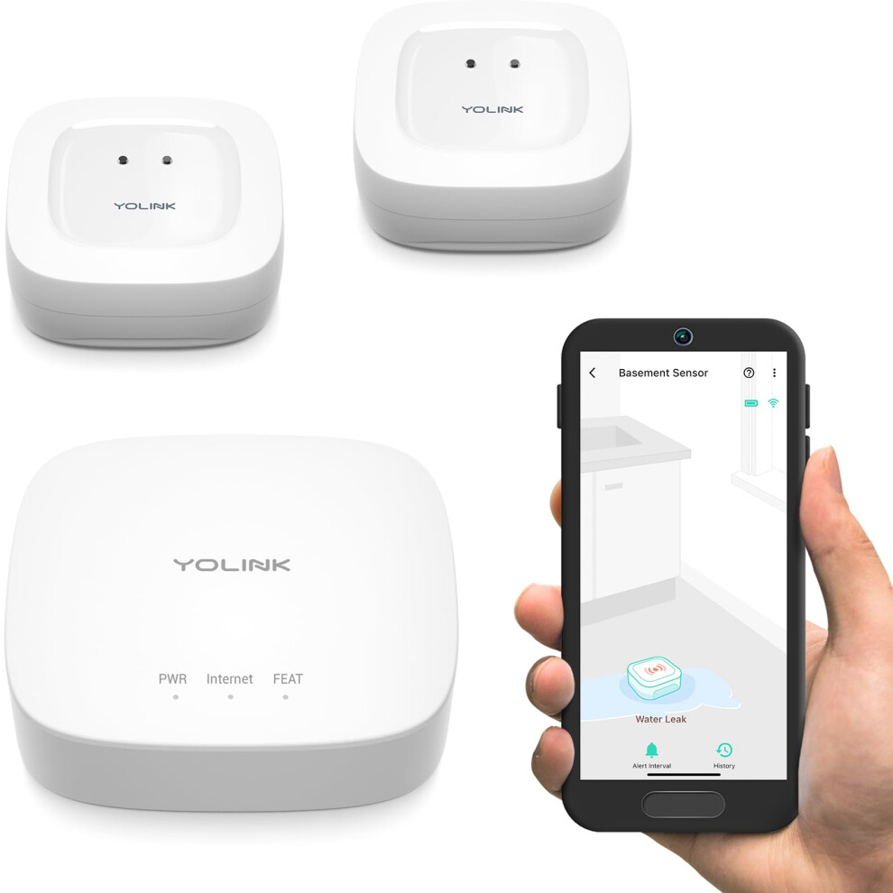 Yolink Smart Home Starter Kit: Hub & 2-Pack Water Leak Sensor 1 Lora Up To 1/4 Mile Open-Air Range Sms/Text Email & Push Notifications W/Alex 750258361667