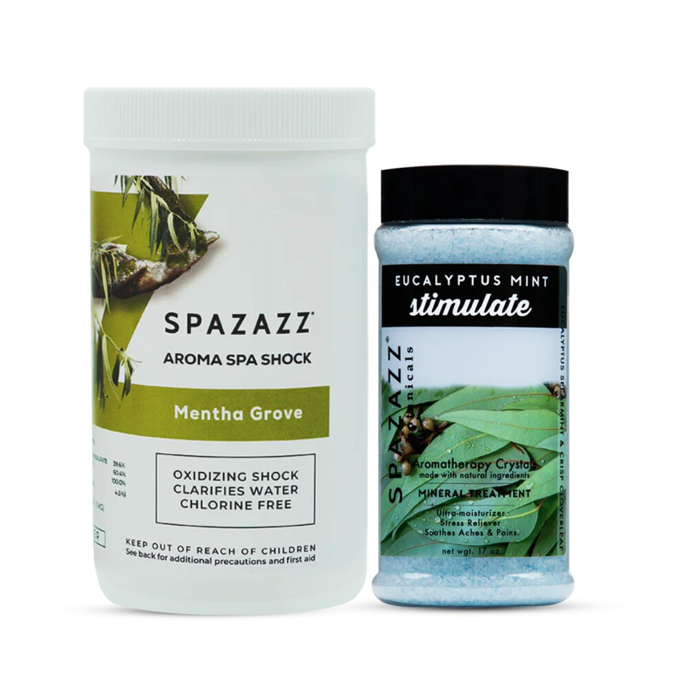 Spazazz Mentha Grove Spa Shock 35 Oz And Eucalyptus Mint Hot Tub Aromatherapy Bath Salt Crystals 17 Oz Bundle- Chlorine-Free Oxidizing Water Clar
