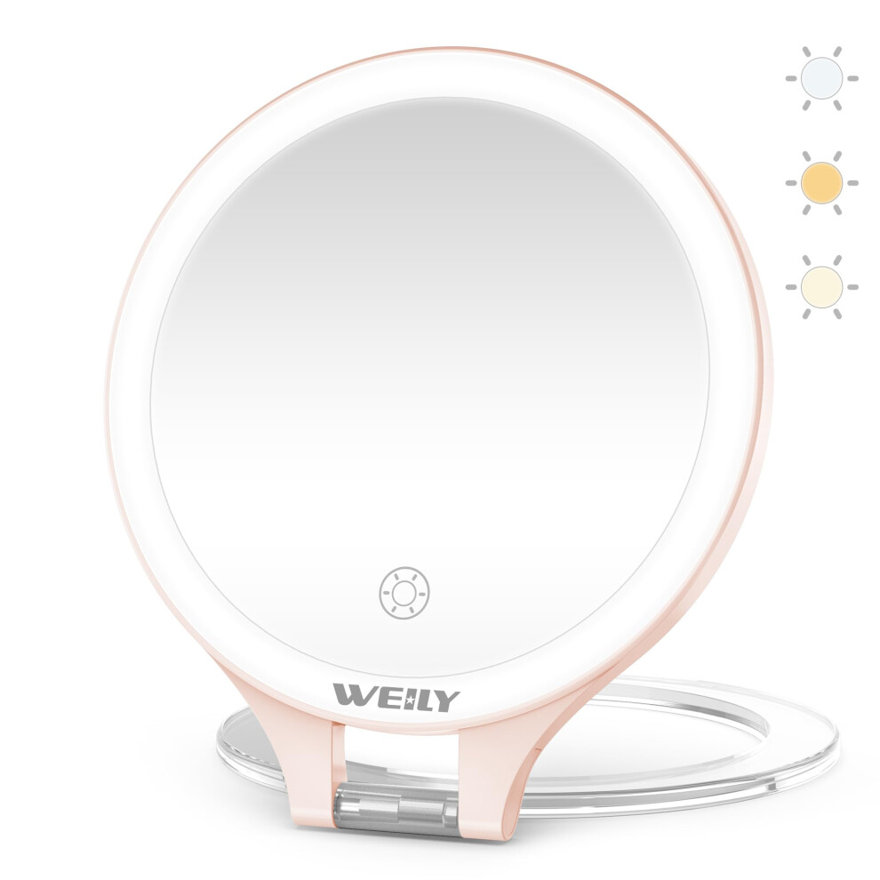 Weily Light Magnifying Mirror With 10X/1X Magnification Double-Sided Travel Makeup Mirror With 3 Color S Touch Control Rechargeable Port