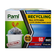 Bolsas de basura con cordn de cocina Pami Recycling Tall 13 galones: bolsas de basura de plstico extradas [paquete transparente de 60]- revestimie
