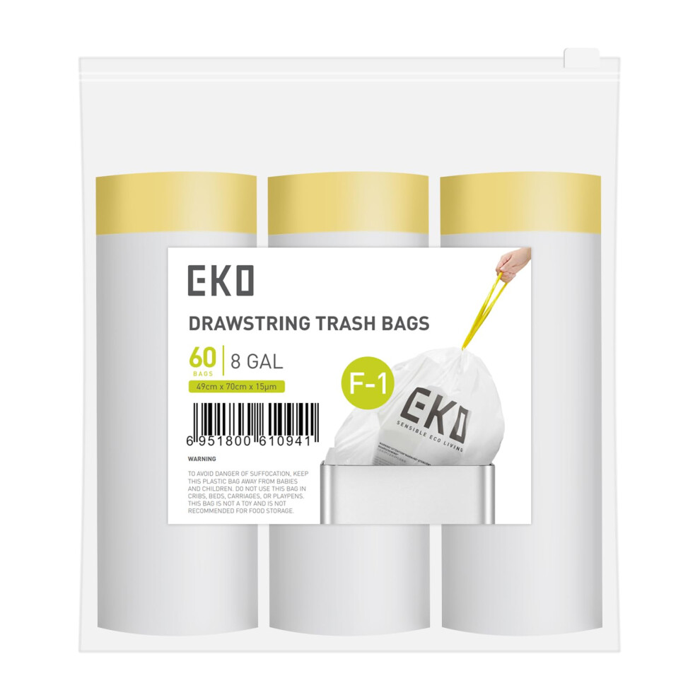 Eko White Easy-Dispense Roll 60 Count Extra-Strong Drawstring Trash Bags 8 Gallon Garbage Bags Clear Can Liners Code F-1 Extra-Long Custom Fi