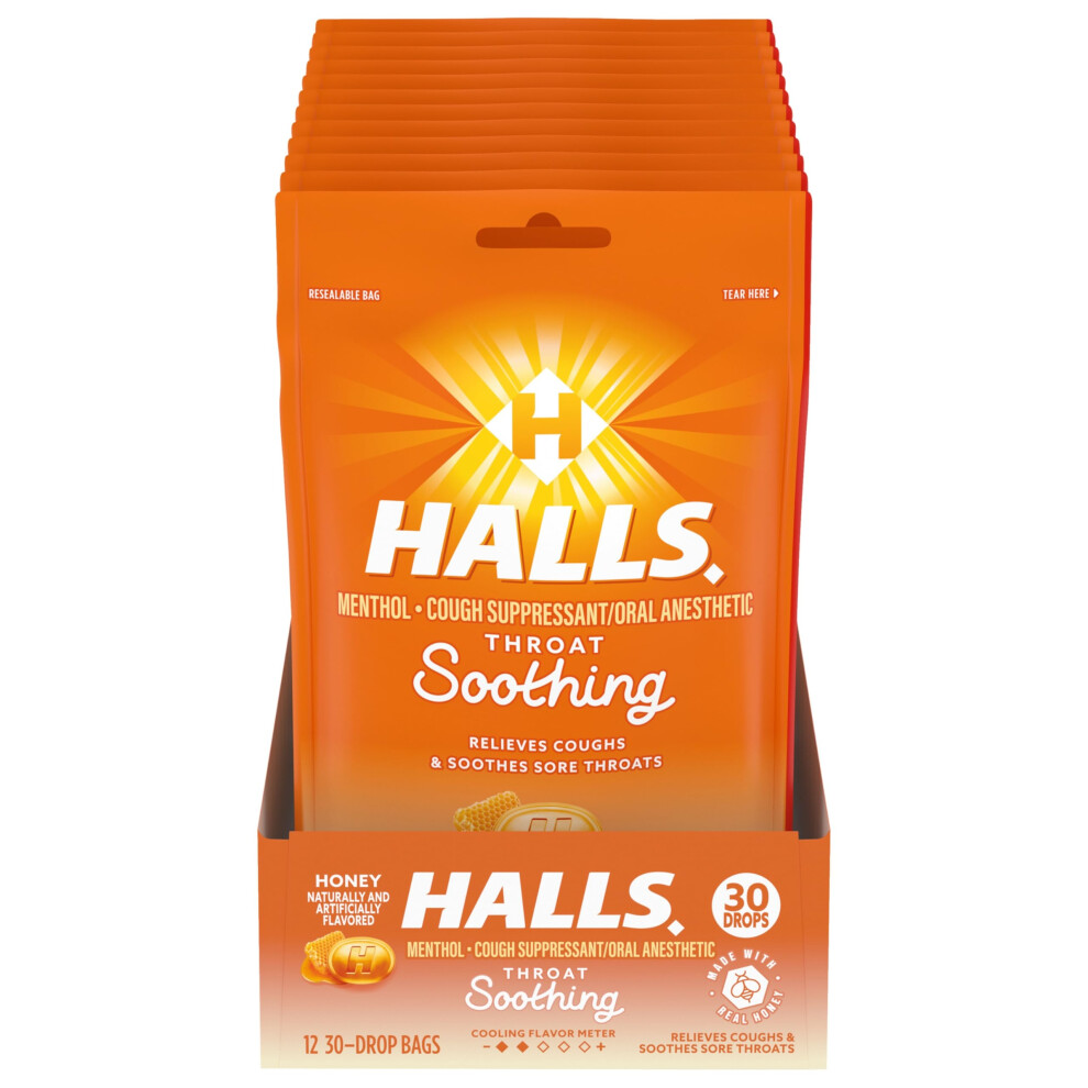 Halls Throat Soothing Honey Cough Drops 12 Bags Of 30 Drops (360 Total Drops)