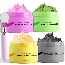 Clay Mask Pack of 4 Jars (400g) With Cute Headband & Brush | | Clay Face Mask Gift Pack | Turmeric Vitamin C Clay Mask For Face, Green Tea, Rose, Dead