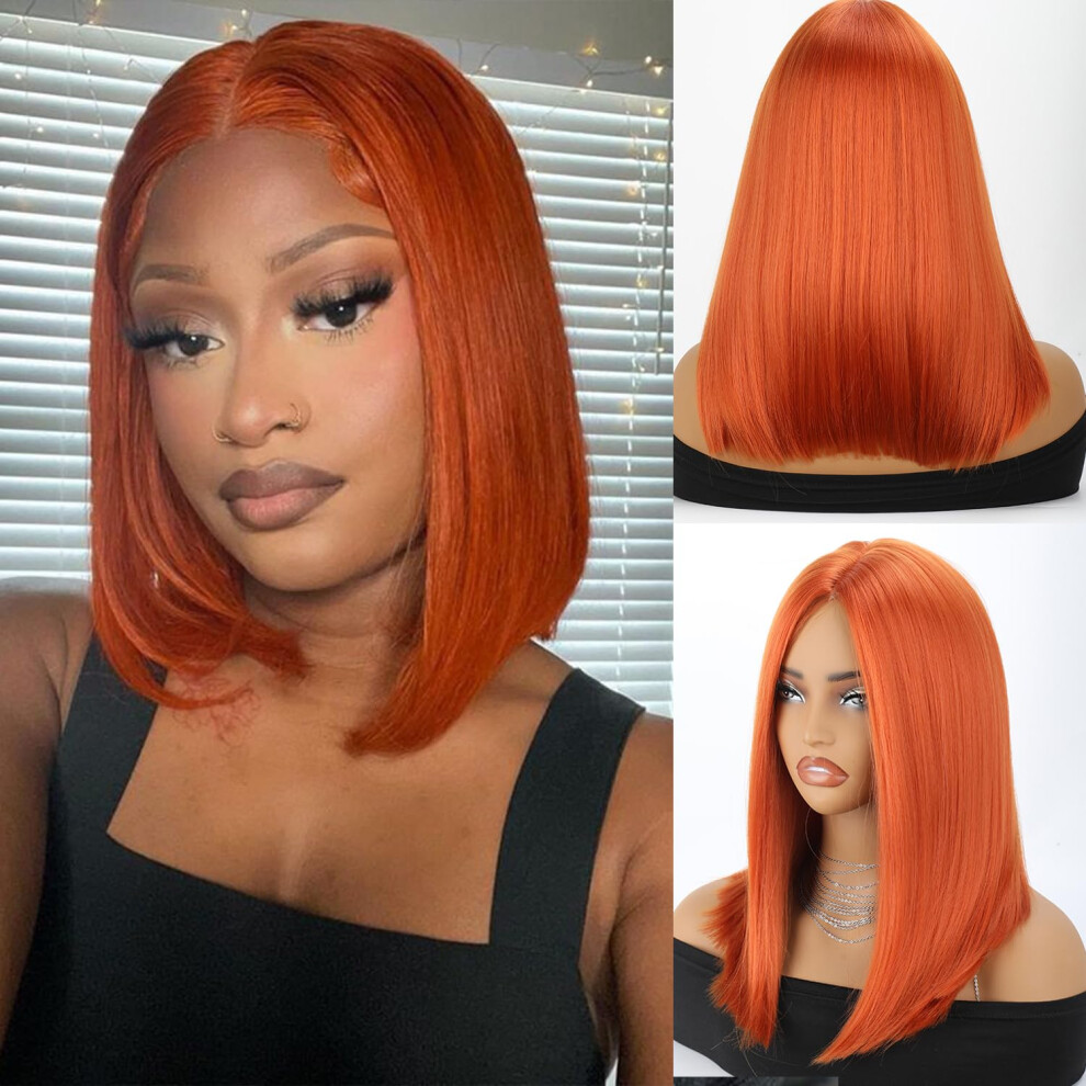 Xc Clouds Unisex Orange Bob Wigs Straight Wigs For Women Glueless Wigs Pre Cut Lace Wigs180% Density Medium Length Bob Wigs For Halloween