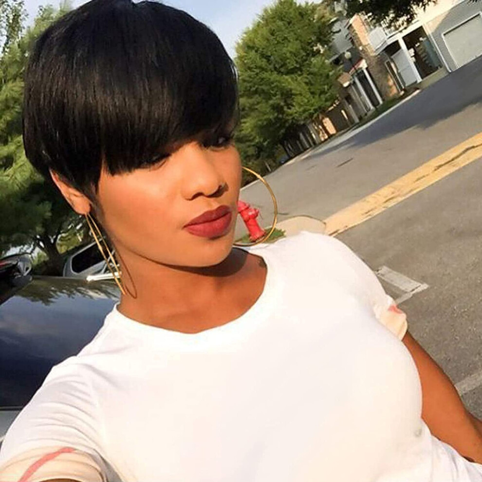 Oym Hair Unisex Black Short Human Hair For Women Human Hair Short Pixie Cut Wigs For Women Brazilian Virgin Wigs With Bangs 1# Color