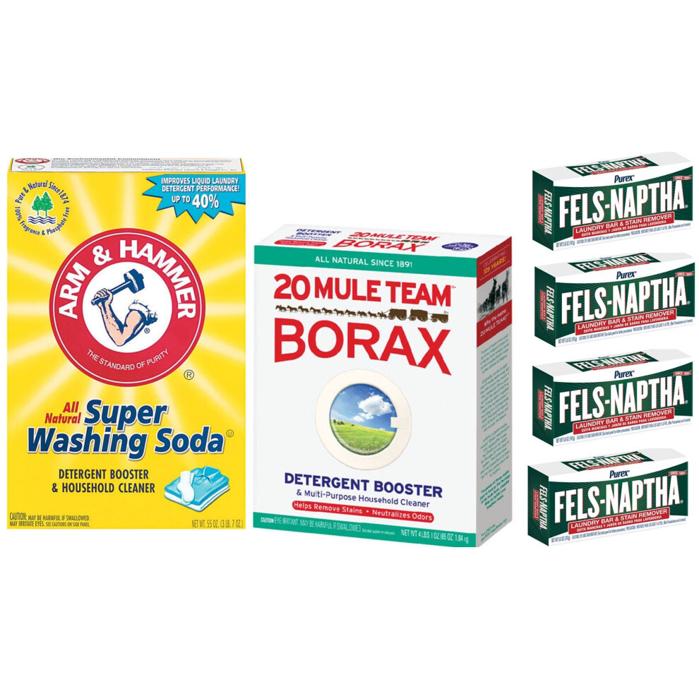 Laundry Soap Kit - Fels Naptha 4 bars 20 Mule Team Borax Natural Laundry Booster & Arm & Hammer Super Washing Soda