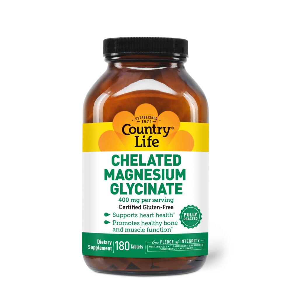 Vie De La Campagne Country Life Chelated Magnesium Glycinate 400Mg 180 Tablets Certified Gluten Free Certified Vegan Certified Halal Non-Gmo Verified