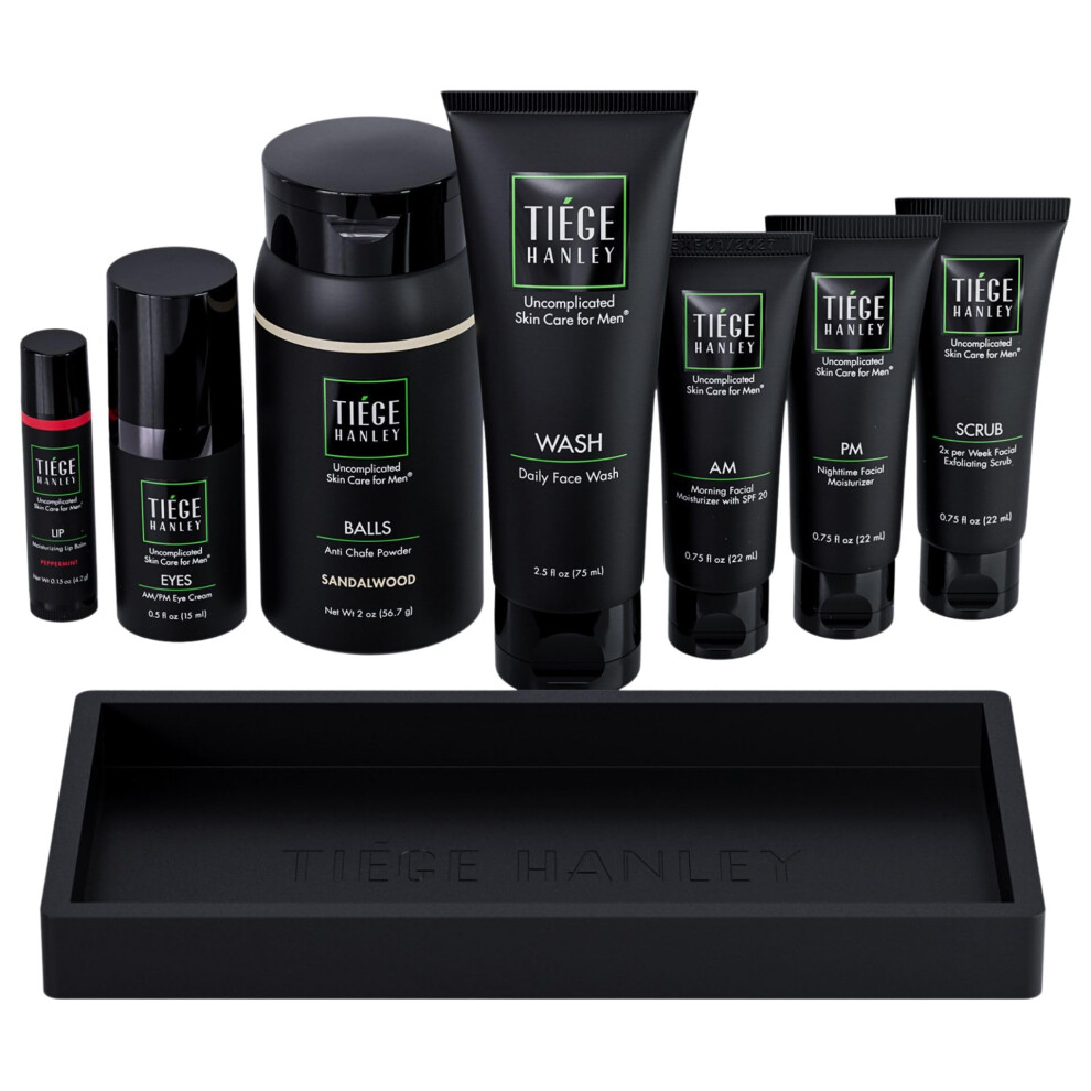 Tiege Hanley Mens Skin Care Gift Box Set Gold - Includes Face Wash Scrub AM/PM Moisturizers Eye Cream Body Powder Lip Balm & Organizer Tray