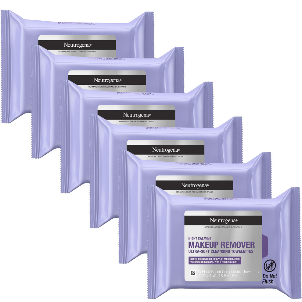 Neutrogena Night Calming Cleansing Makeup Remover Face Wipes, Disposable Nighttime Facial Towelettes To Remove Dirt, Oil, Makeup & Waterproof Mascara,