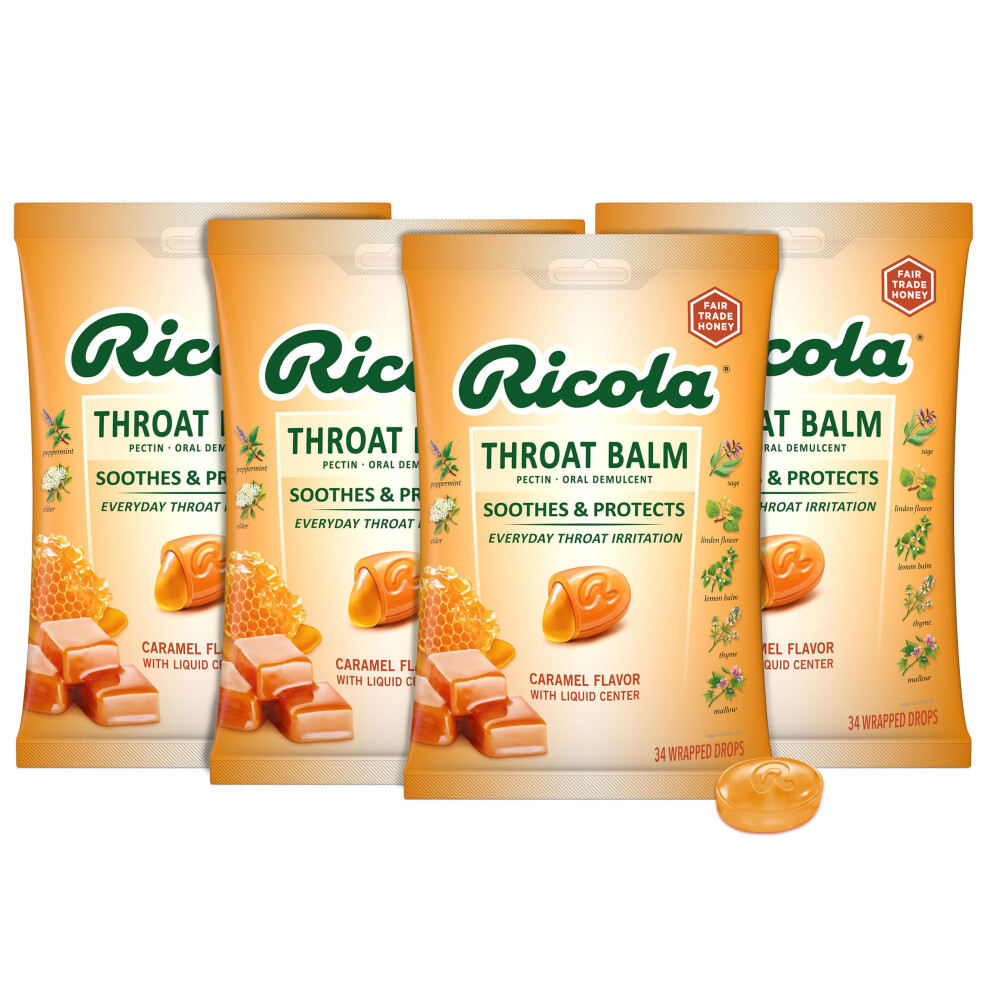 Ricola Throat Balm Caramel Throat Drops With Liquid Center 34 Count (Pack Of 4) Coat & Protect Your Throat Daily Throat Relief & Protection Or