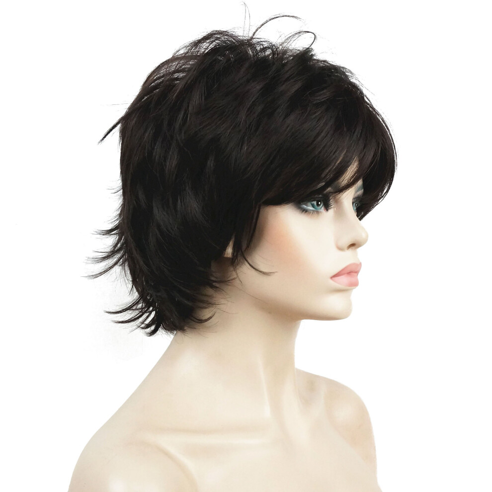 Lydell Unisex Brown Short Layered Shaggy Full Wavy Synthetic Wigs (Dark )