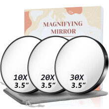 Ensemble de Miroirs Grossissants de Voyage - Miroir 3.5" 10X, 20X & 30X avec Ventouses, Compact pour Voyage, Sac de Rangement Inclus (Noir)