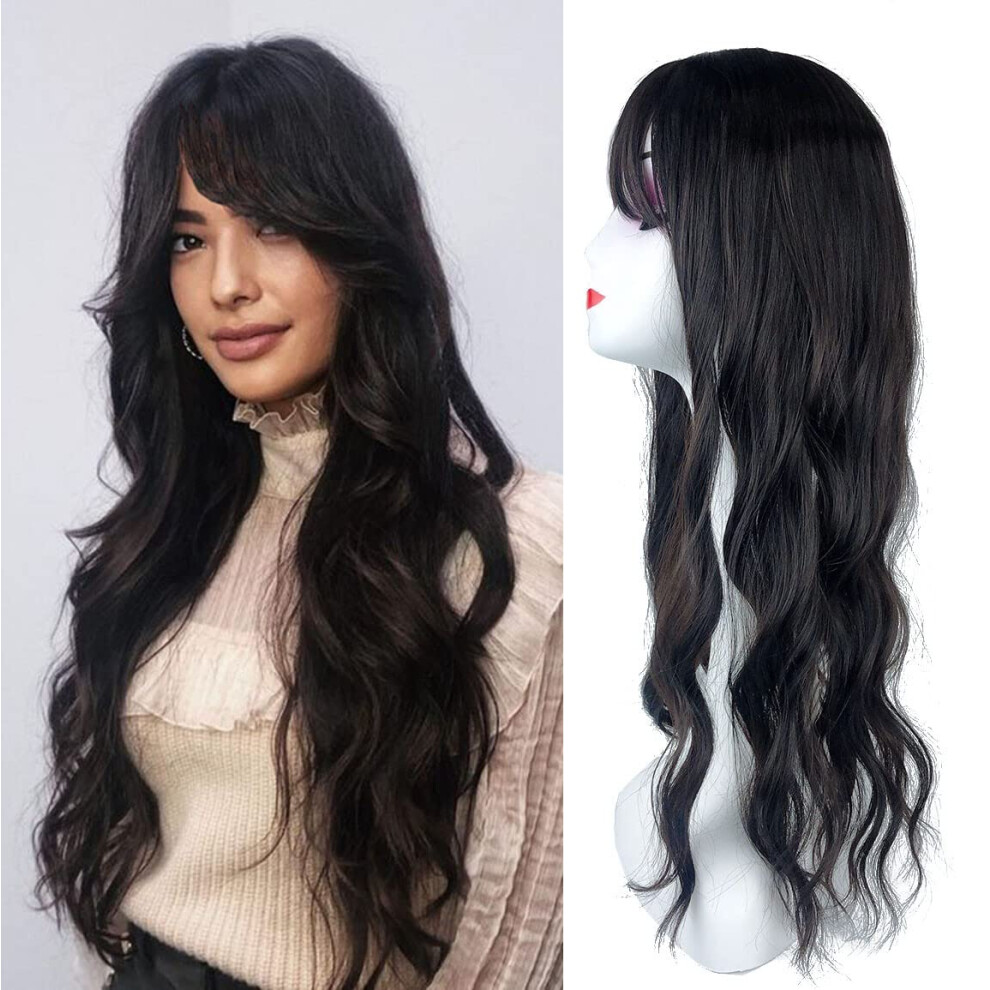 Bangkok Unisex Brown Long 55Cm Nature Loose Wavy Hair Topper One Piece Clip In Hairpiece Middle Part With Blunt Bangs Snythetic Wig Light