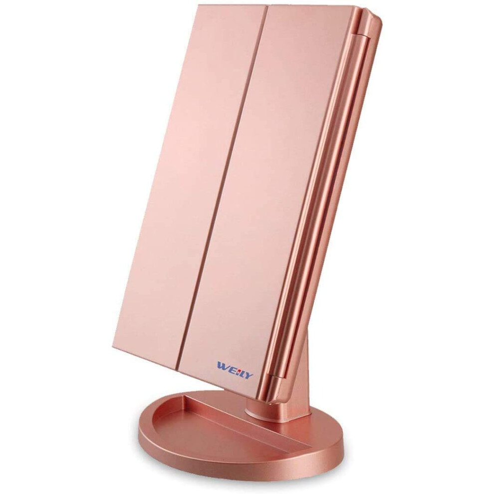 Weily Lighted Makeup Mirror Tri-Fold Vanity Mirror With 1X/2X/3X Magnification Mirrors 21 Natural Led Nights And Touch Screen Chargeable Trave