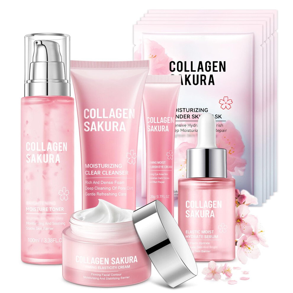 Mopayzer Sakura Skin Care Set For Teen Girls 10-In-1 Travel Skin Care Kits With Collagen Hydrates & Soothes Cherry Blossom Skincare Gift Set For Teens
