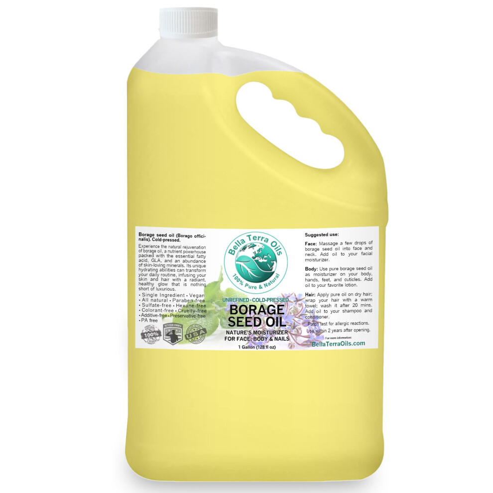 Bella Terra Oils Premium Borage Seed Oil With High Gla - 1 Gallon Luxurious Skin Radiance Quick Absorption Nourishing