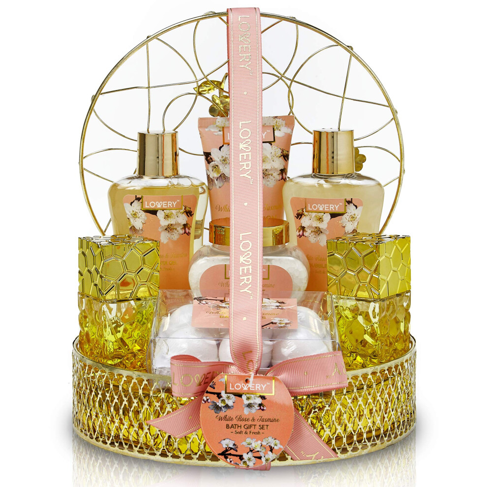 Perfume Set Bath and Body Gift Basket For Women 13pc Set of White Rose & Jasmine Cosmetic and Home Spa Set with Bath Bombs Body Mist Perfume