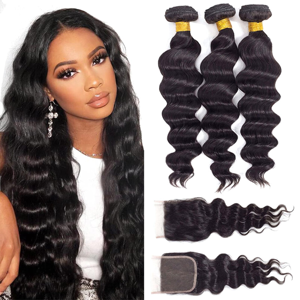 Royal Impression Unisex 12A Loose Wave Bundles With Closure Human Hair (18 20 22+16"""") 100% Unprocessed Virgin Brazilian Loose Deep Wave Human Hair Weave Bundles With La
