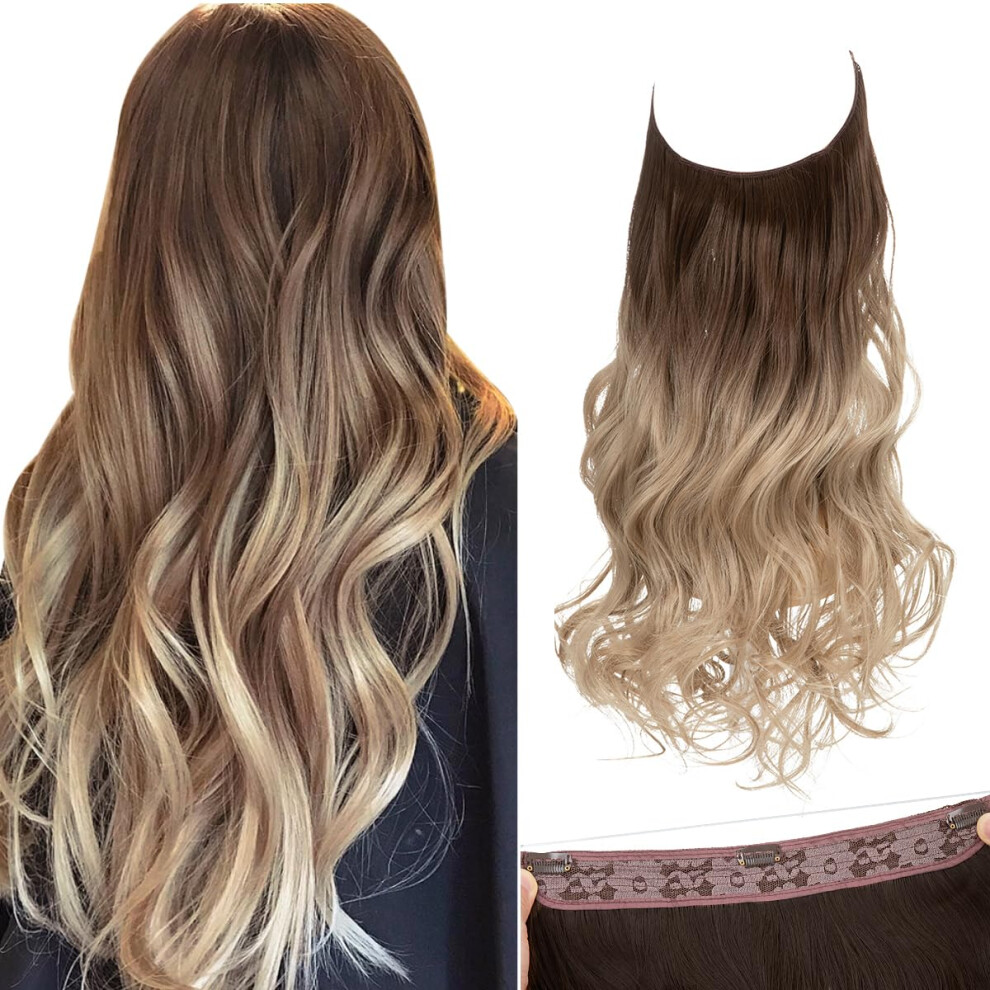 Sarla Unisex Brown Ombre Invisible Wire Hair Extensions With 3 Clips Short Synthetic Wavy Curly Hairpiece Adjustable Transparent Headband For Women 14 Inch