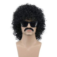 VGbeaty Erwachsene Mnner kurze lockige schwarze Rocker-Percke Schrgstrich-Schnurrbart-Percke Kalifornien Halloween Cosplay Anime-Kostm-Percke (